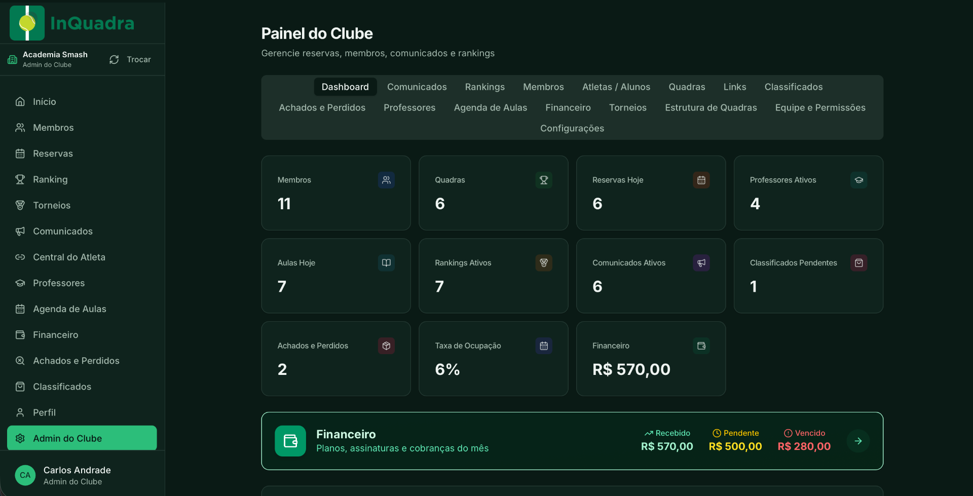 InQuadra — painel do clube